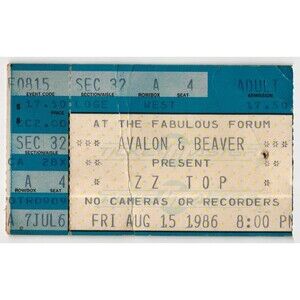 Vintage 1986 ZZ Top Honeymoon Suite Concert Ticket Stub Inglewood CA